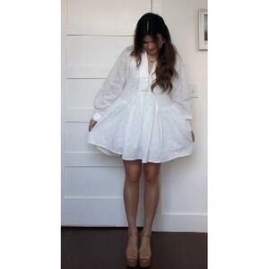 Aofur Roiii White Eyelet Lace Mini Dress Puff Sleeve Button Front V Neck M